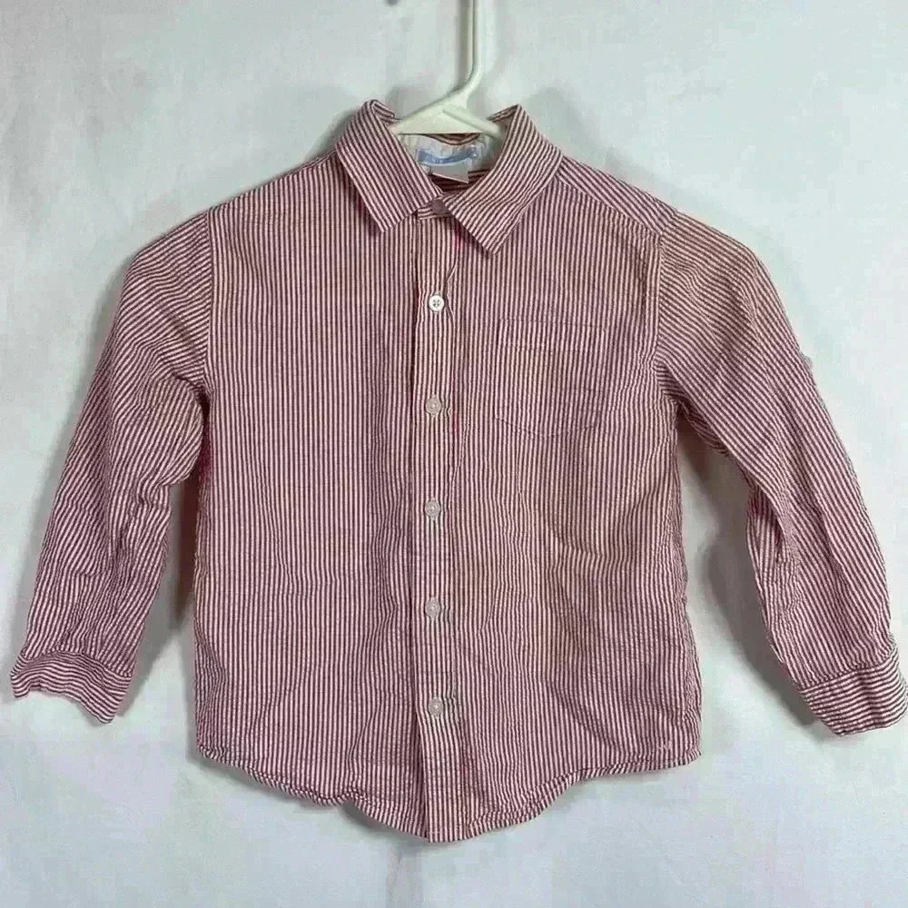 Janie and Jack Red & White Striped Seersucker Kids Long Sleeve Shirt Top, Size 5